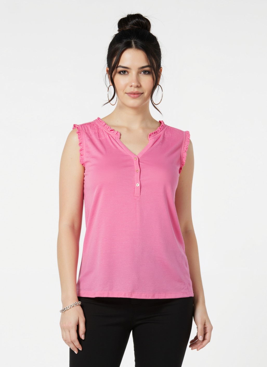 Linen Viscose Ladies Ruffle Short Sleeve Top