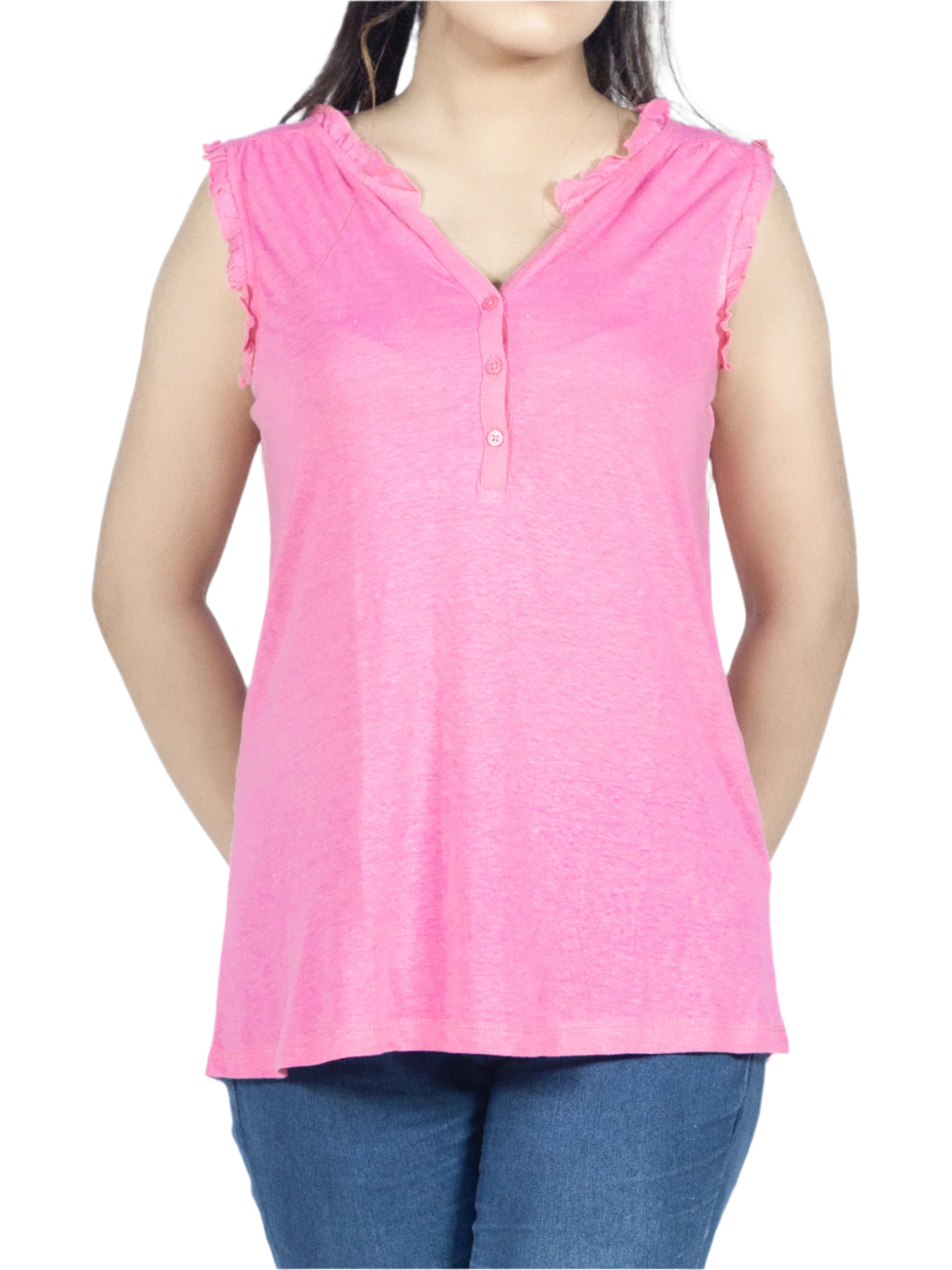 Linen Viscose Ladies Ruffle Short Sleeve Top