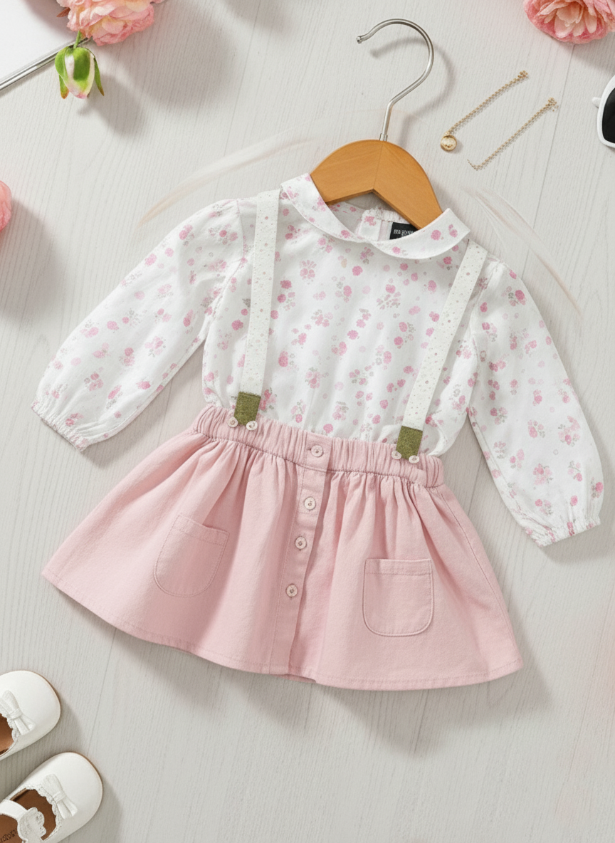 Floral Print Peter Pan Collar Bodysuit with Suspender Skirt